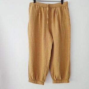 Lintico Linen Pants Mustard Yellow Elastic Waist Bubble Hem Lagenlook Womens XL